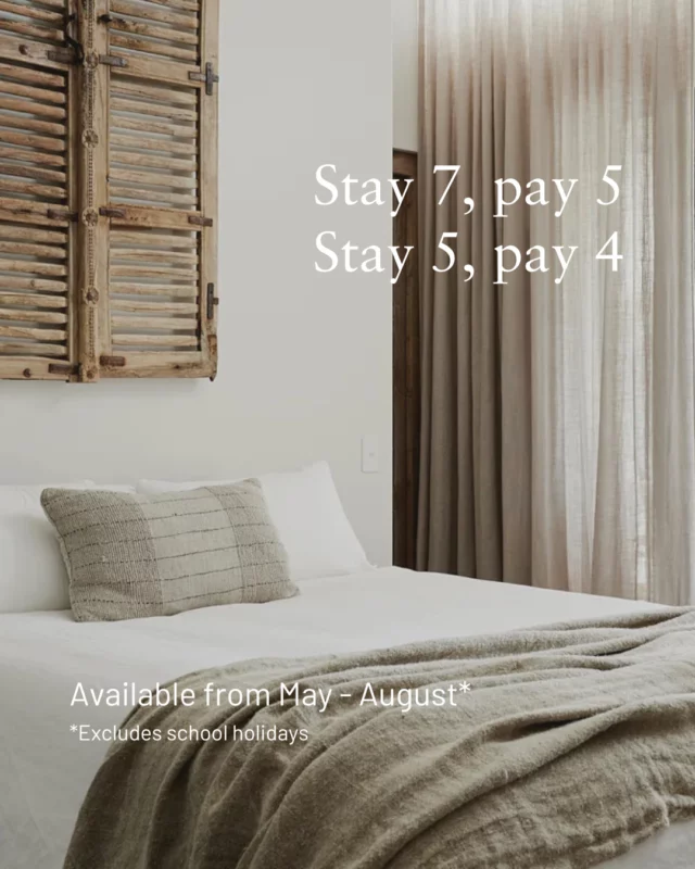Escape to Byron Bay this winter and enjoy up to two bonus nights on us.⁠
⁠
🌴 Stay 7, Pay 5 - use code STAY7⁠
🌊 Stay 5, Pay 4 - use code STAY5⁠
⁠
Whether it’s long beach walks, lazy lunches, or simply switching off in luxury, now is the time to do it for less.